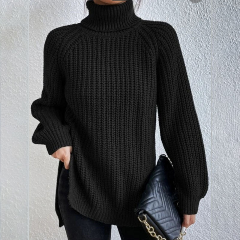 Turtleneck Pullover Sweater With Split Design Fashion Simple Solid Color Long Sleeve Tops Women's Clothing LadyShow.Store