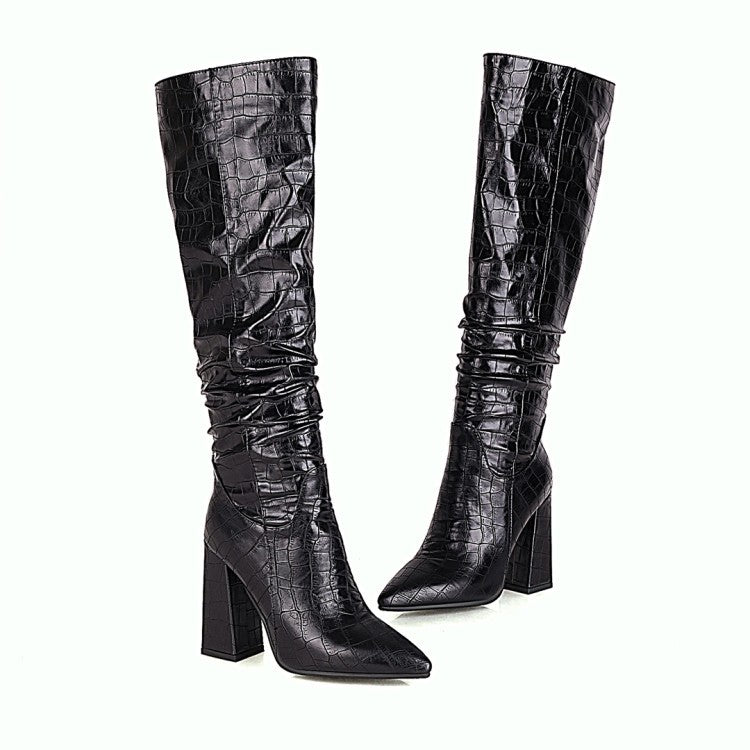 Block-heeled High-heeled High Boots With Embossed Leather Pointed Toe LadyShow.Store