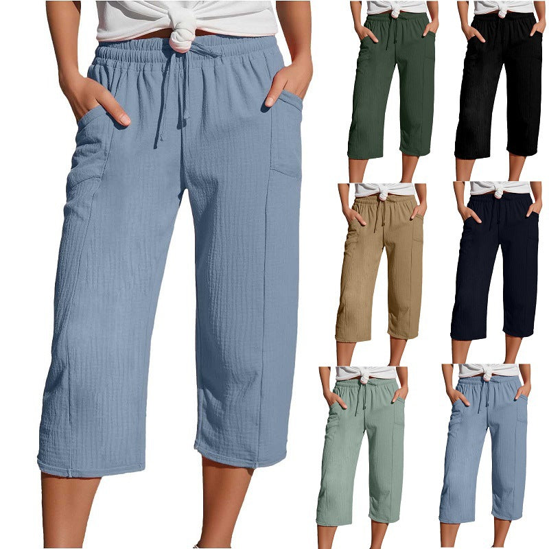 Women's Cotton-Linen Solid-Color Casual Cropped Pants With Elastic Waist NorixaFashion.com