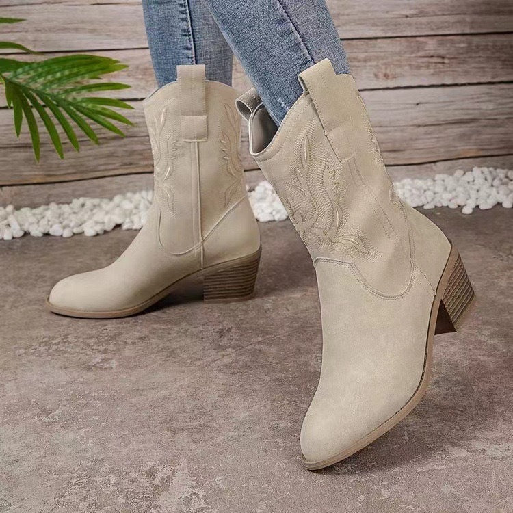 Fashion Chunky-heeled Pointed Toe Boots Winter Ethnic Style Embroidered Mid-Tube Western Shoes Women LadyShow.Store
