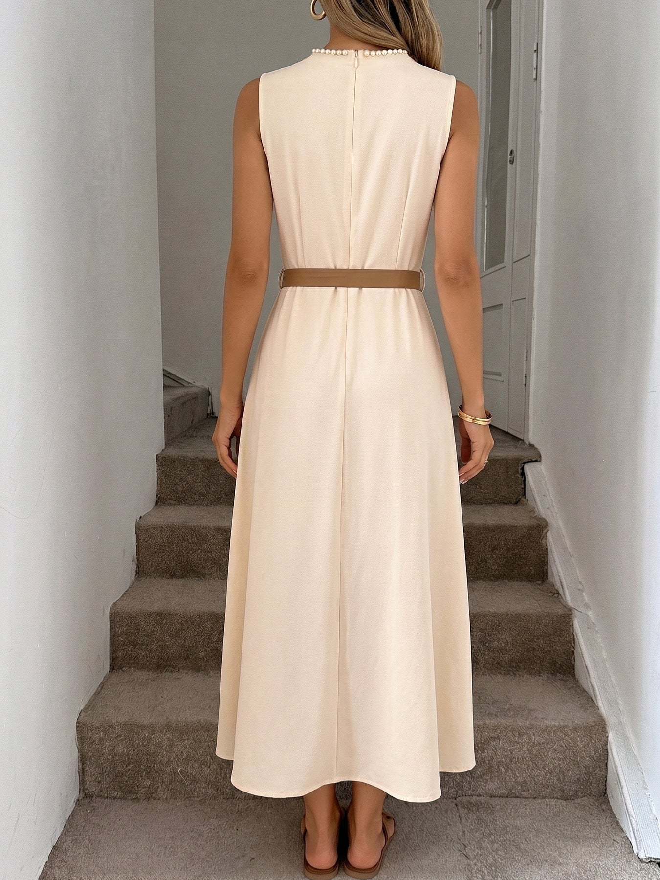 Pearl Neck Sleeveless Self-Tie Belt A-Line Midi Dress NorixaFashion.com
