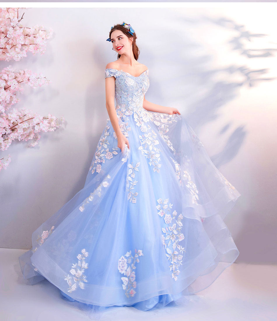Blue Flowers Bride Wedding Toast Art Test Wedding Evening Dress LadyShow.Store