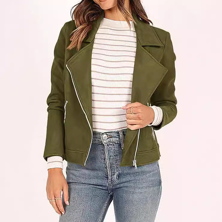 Fashion Deerskin Velvet Motorcycle Jacket Zipper Pocket Short Coat LadyShow.Store
