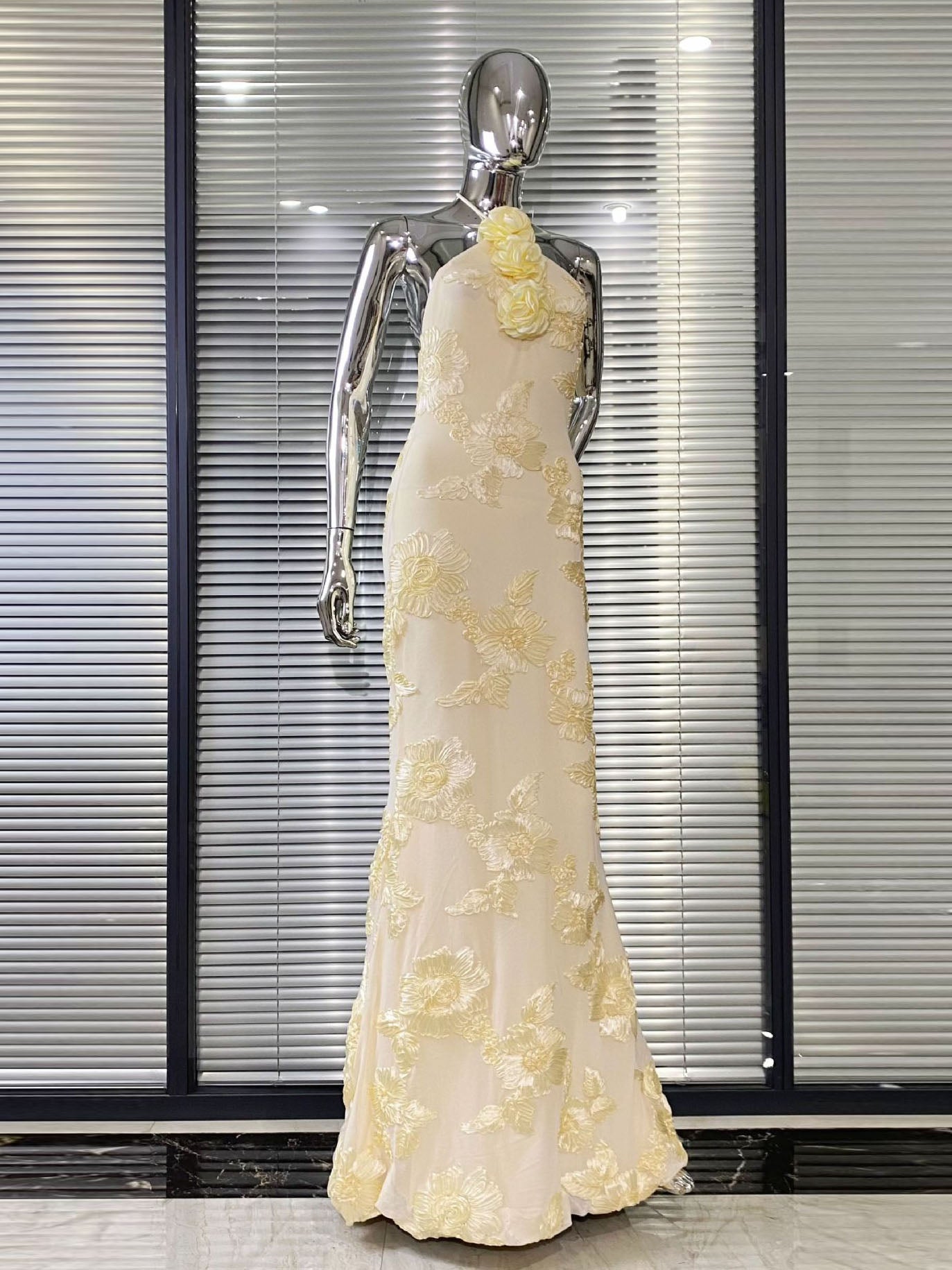 Cream Floral  Halter Neck Mermaid Gown NorixaFashion.com