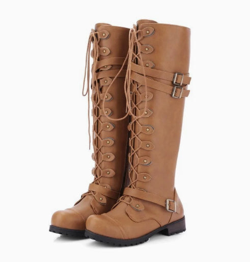 Round Toe Mid Heel Lace-up Side Zip Over-the-knee Boots LadyShow.Store