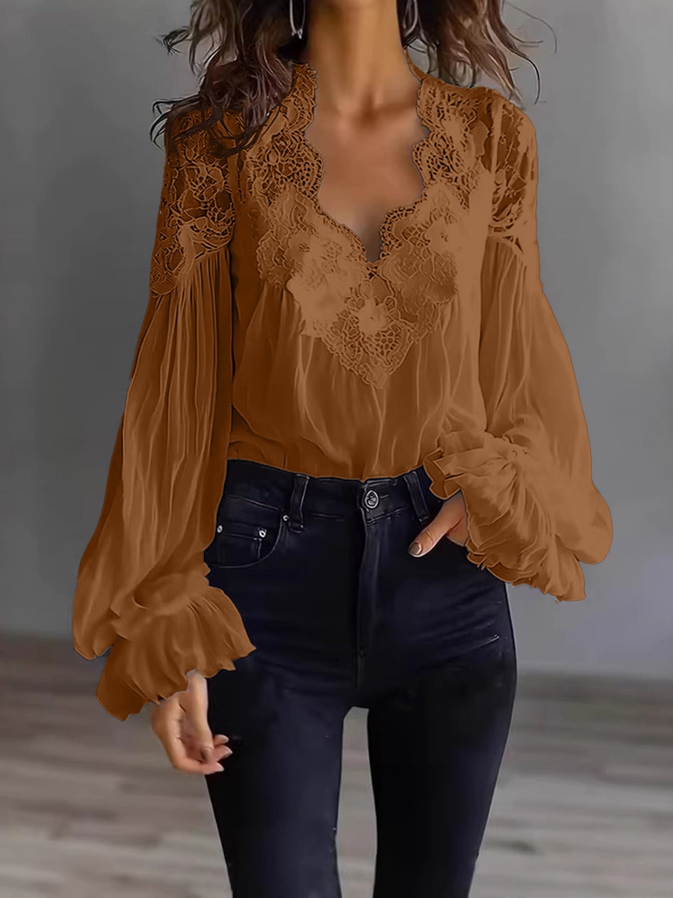 Lace-panelled Ruffled Puff-sleeve Pleated Shirt NorixaFashion.com