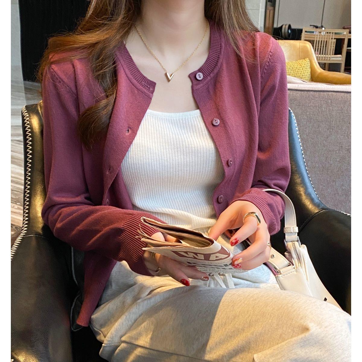 Women's Slimming Round-Neck Long-Sleeve Knitted Cardigan LadyShow.Store