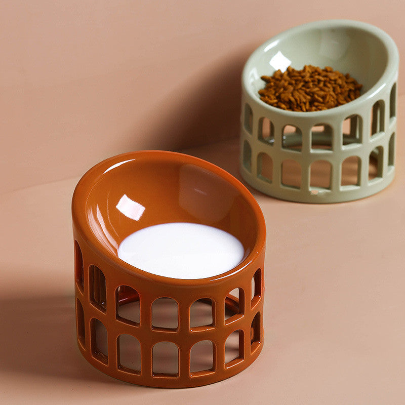 Ceramic High-foot Oblique Neck Pet Bowl Pets Fashion