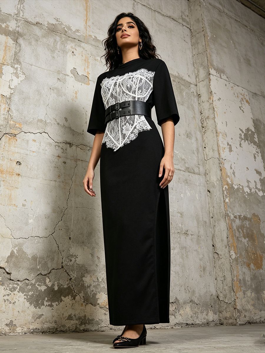 Contrast Lace Corset Panel Midi Bodycon Dress With Wide Belt NorixaFashion.com