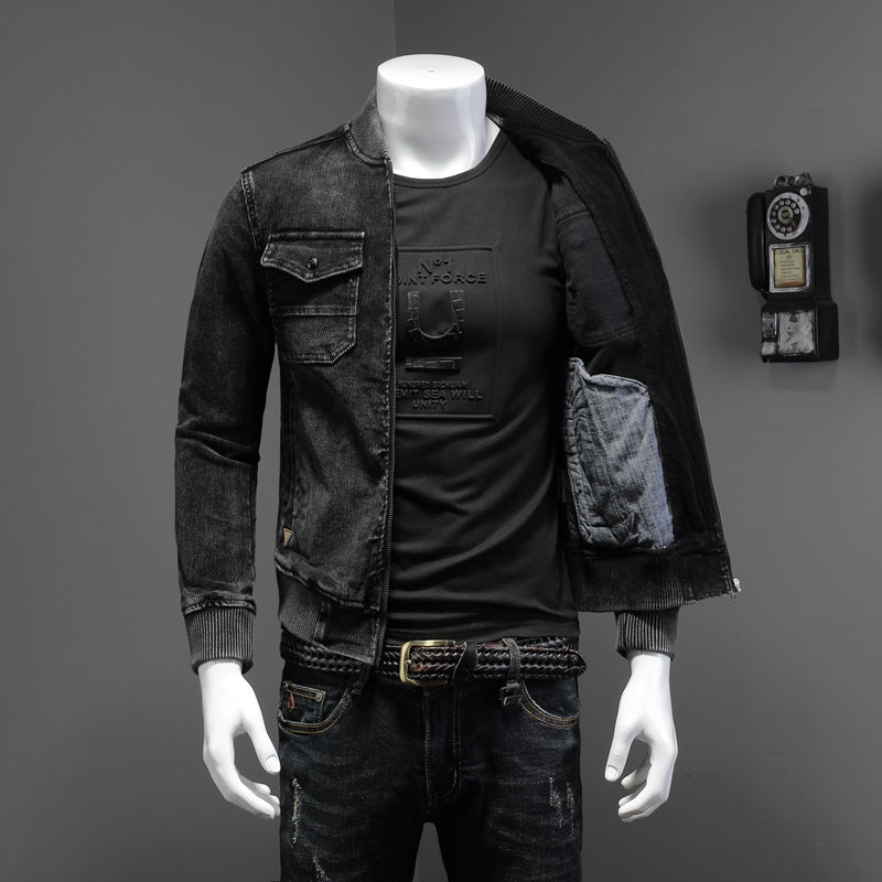 Retro Slim Fit Denim Jacket with Corduroy Collar Pi-Mart
