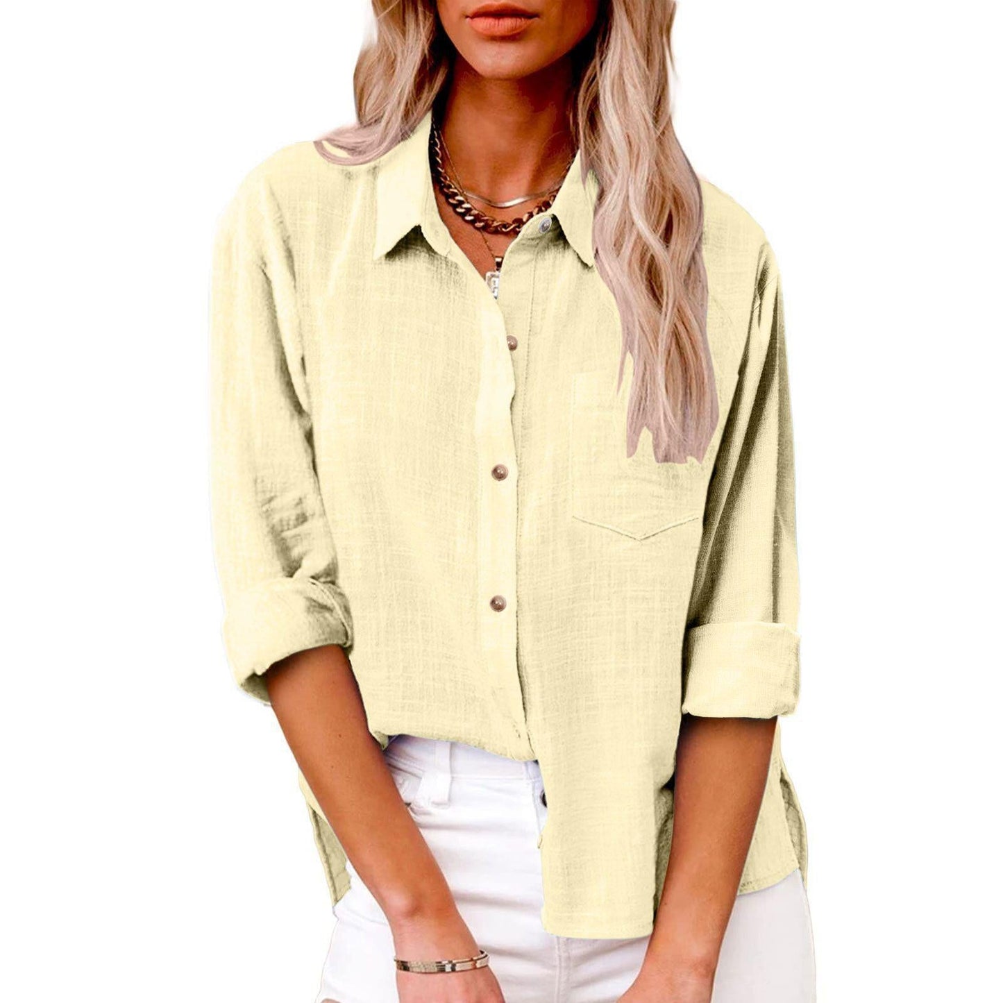Pocket Split Cotton And Linen Long-sleeved Shirt NorixaFashion.com