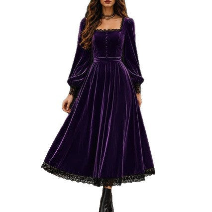 Square-neck Lace-panel Velvet Dress NorixaFashion.com