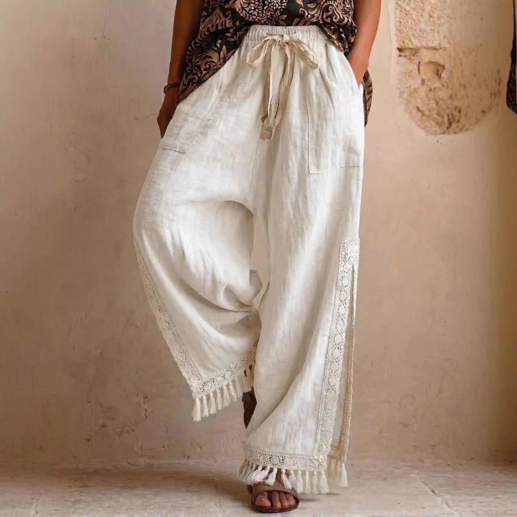 Side-slit Lace Tassel Bohemian-style Wide-leg Vacation Pants NorixaFashion.com