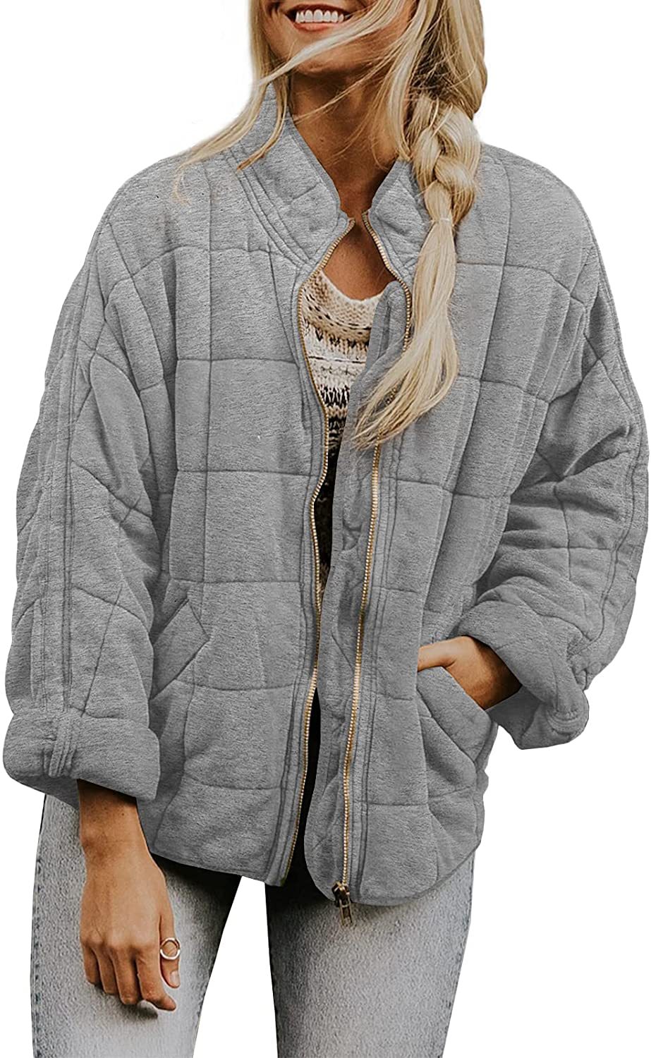 Winter Zip-up Stand Collar Coat With Pockets Fashion Solid Color Plaid Long Sleeved Jacket Women's Clothing LadyShow.Store