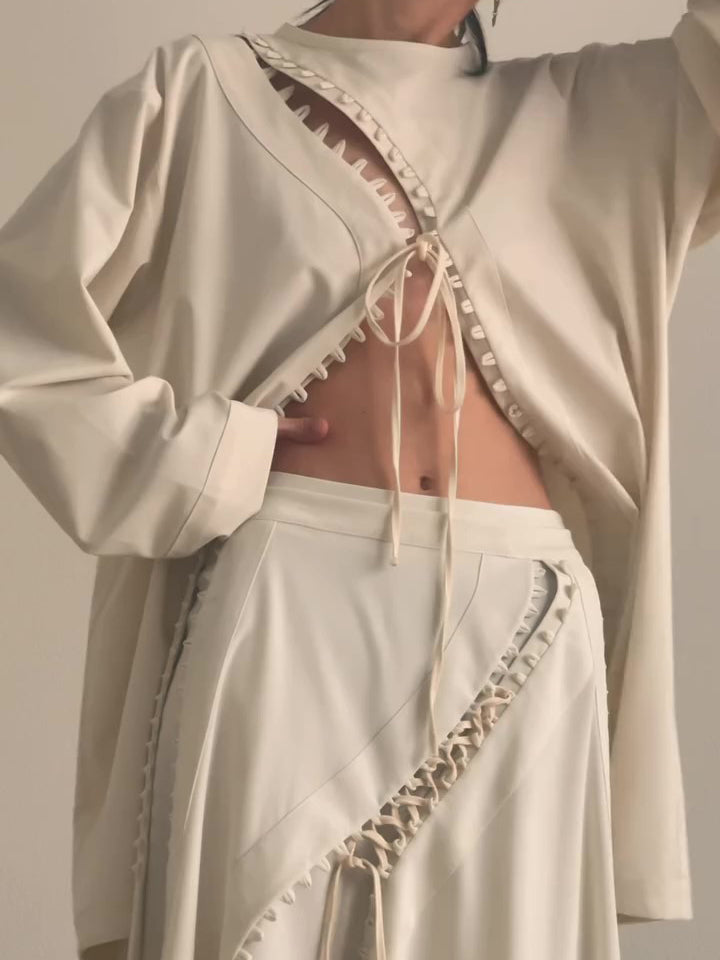 Cream Lace-Up Detail Top And Asymmetric Maxi Skirt Set NorixaFashion.com