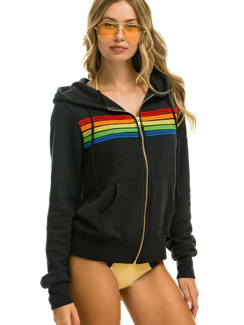European And American Women's Casual Rainbow Sweater Jacket NorixaFashion.com