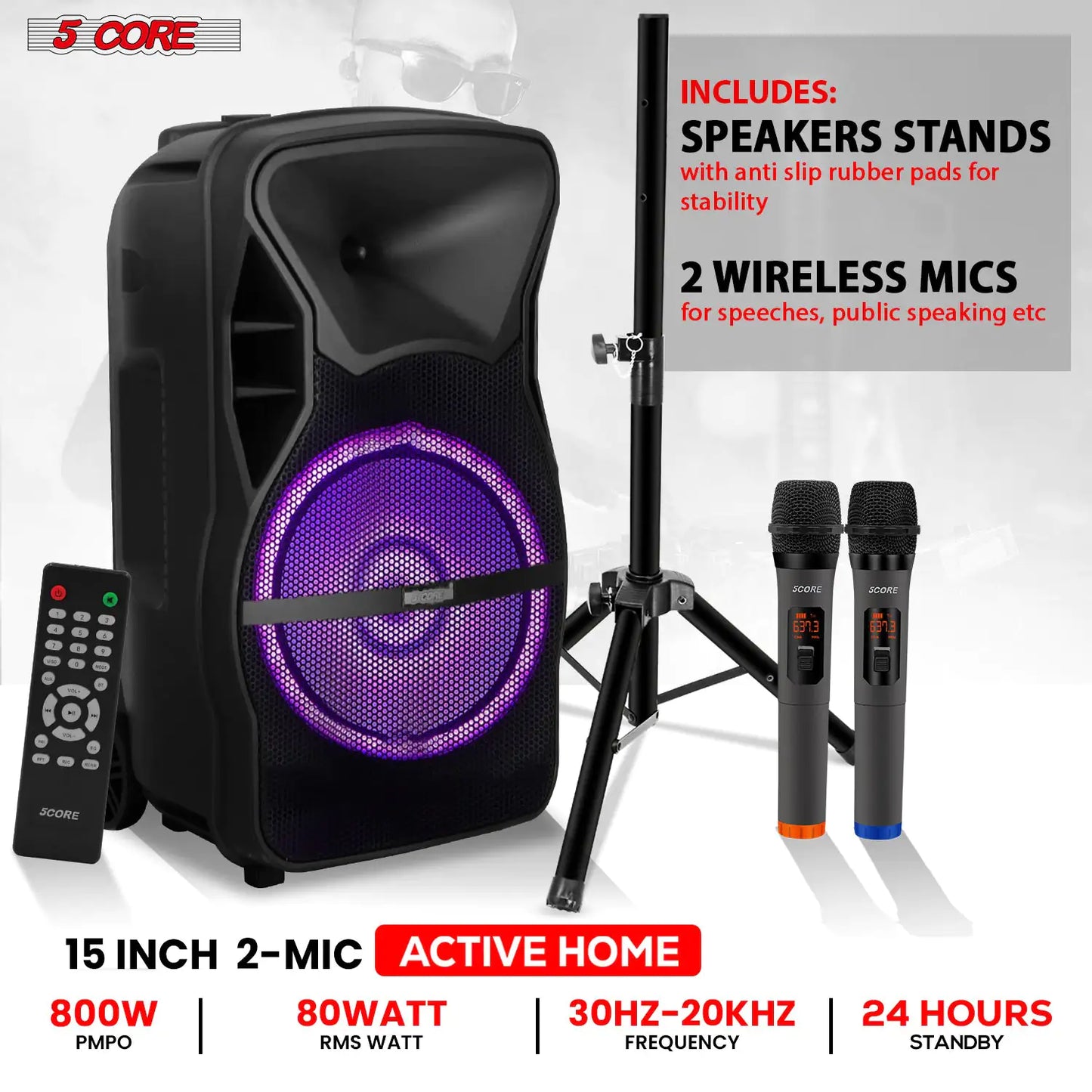 5Core15 inch PA Portable Bluetooth Party Speaker Karaoke Boombox + 2 Wireless Mics