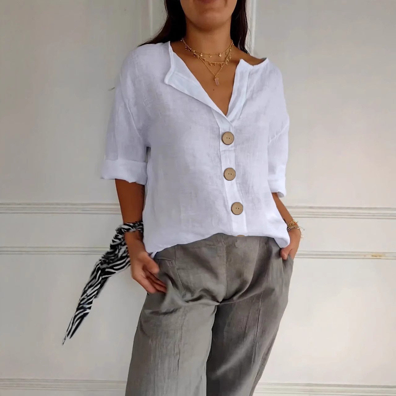 Loose-fit Women's V-neck Cotton-Linen Button T-shirt Top LadyShow.Store
