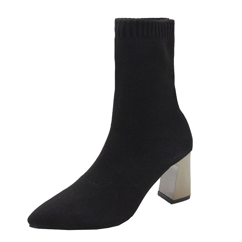 Thick Heel Elastic Thin Net Red Socks Boots Mid-tube Pointed Toe High-heeled Short Boots Women LadyShow.Store