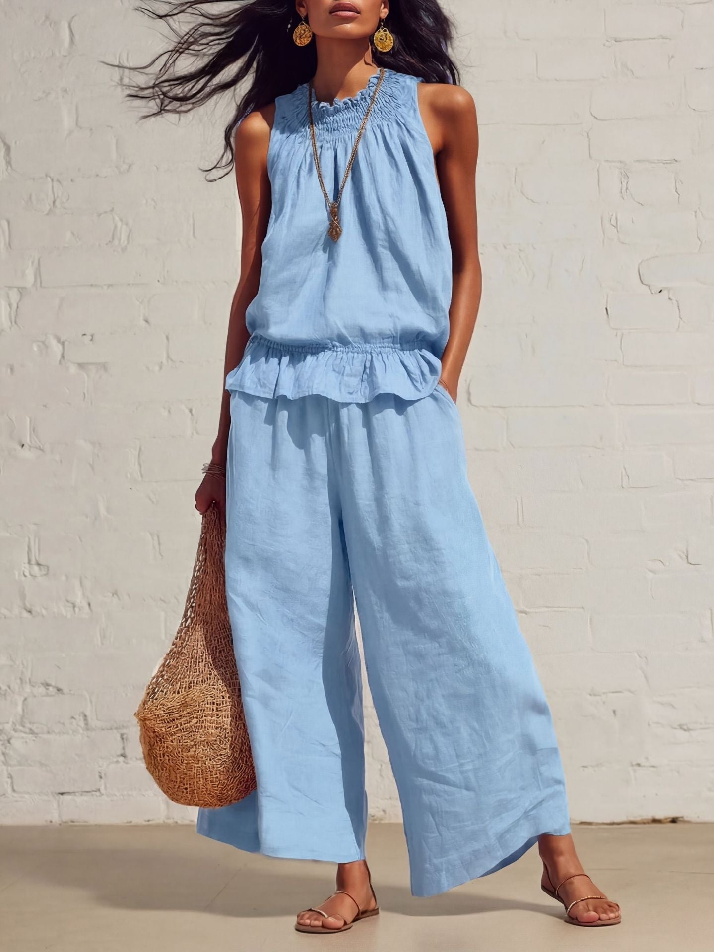 Summer Sleeveless Suit Fashion Ruffled Vest Top And Straight-leg Pants Women's Two-Piece Set NorixaFashion.com
