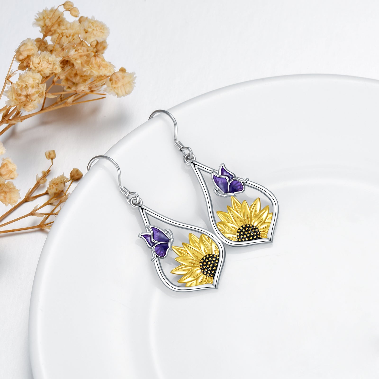 Sterling Silver Sunflower Dangle Earrings with Purple Butterfly Gift for Women LadyShow.Store