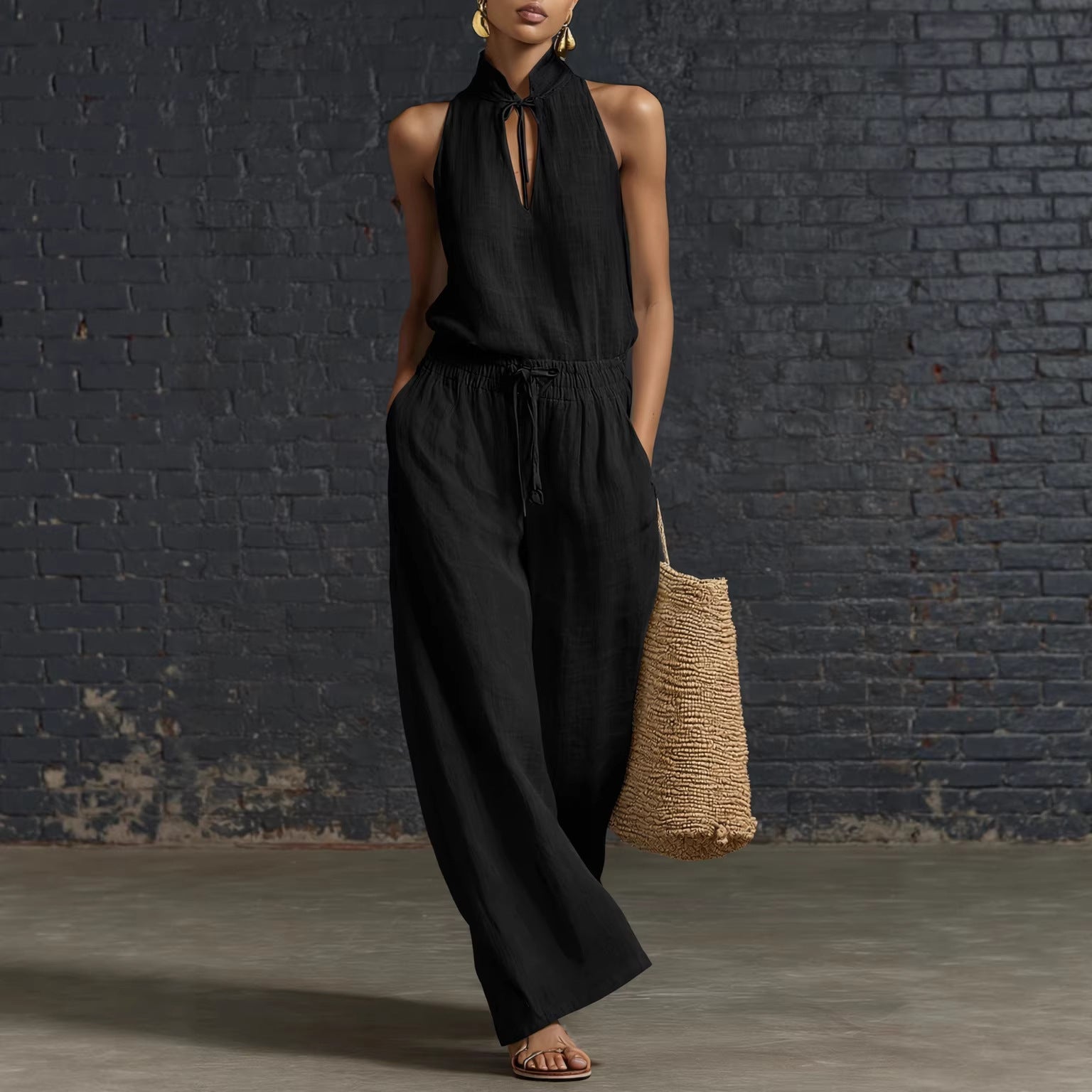 Urban-style Cotton And Linen Top And Wide-leg Pants Set NorixaFashion.com