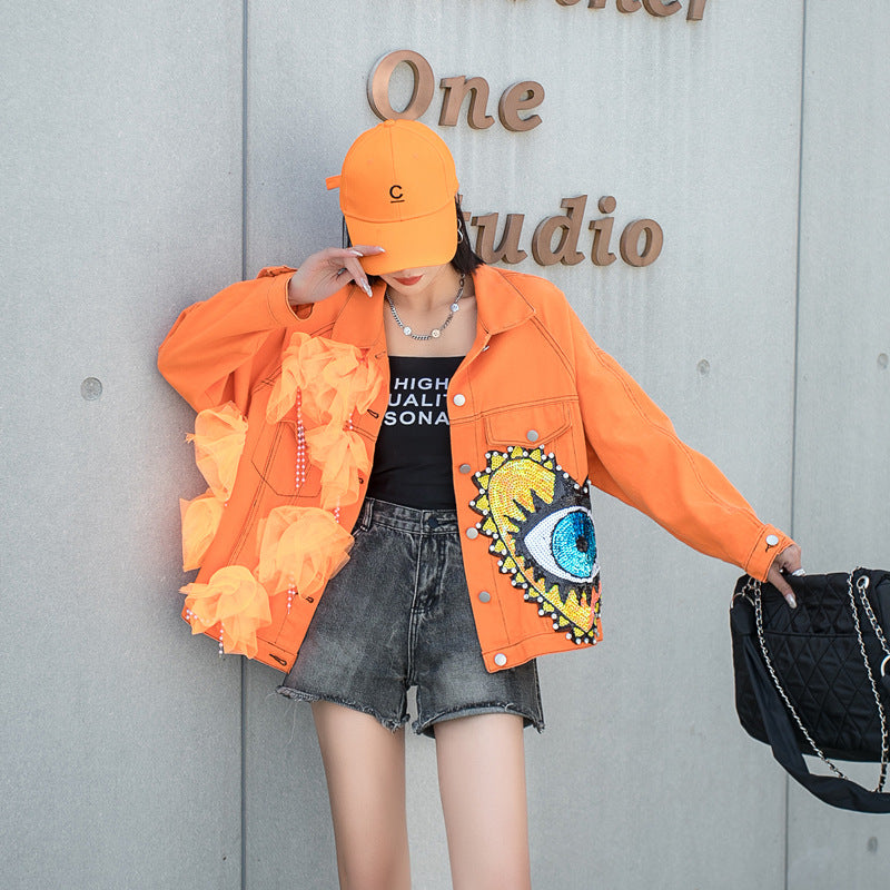 European Style 2022 Spring Autumn Sequin Denim Jacket Pi-Mart