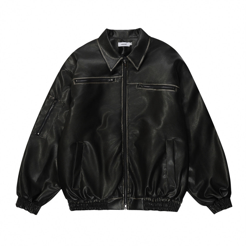 Distressed Biker's Leather Jacket Men's Clothing Padded Lapel Best YouTube Store