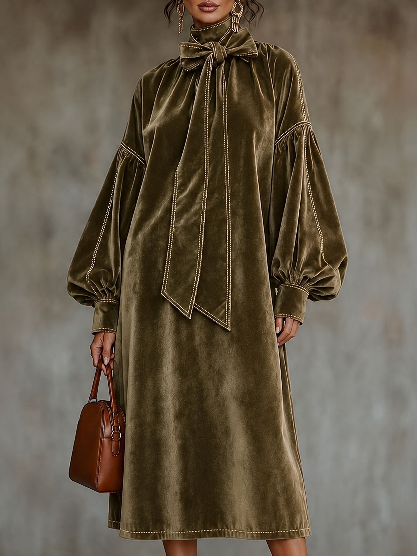 New High-neck Velvet Dress With Bow NorixaFashion.com