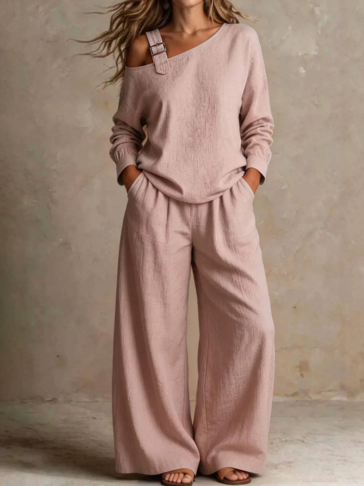 2026 Site Hot-Selling Women's Casual Loose Fashion One-Shoulder Linen Blend Two-Piece Set NorixaFashion.com