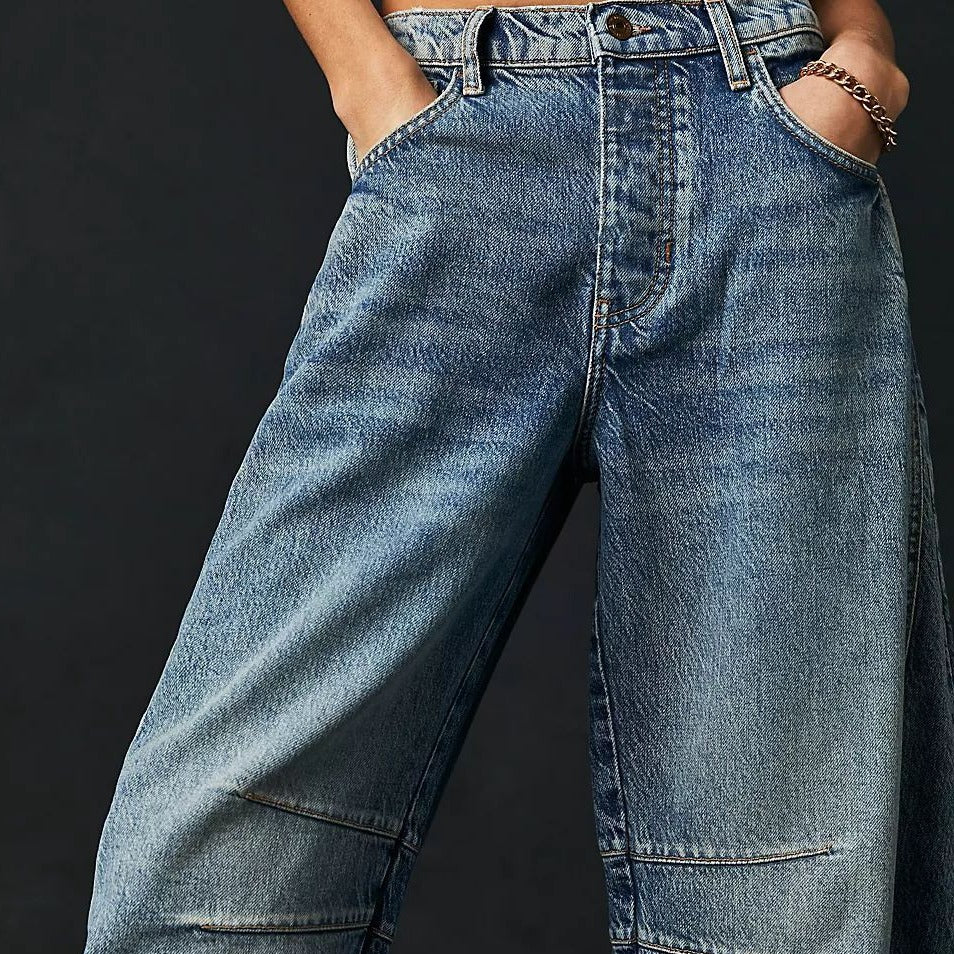 High Stretch Mid-Rise Barrel Jeans Fashion Wide Leg Shape Women Casual Baggy Mid Waist Denim Jeans NorixaFashion.com