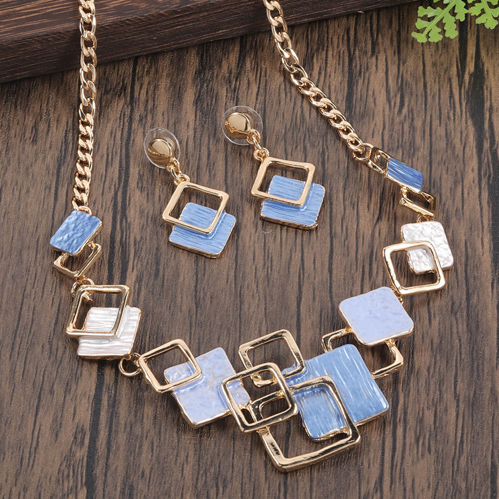 Necklace And Earrings Kit Zinc Alloy Geometric Square Color Oil Necklace Hollow Female LadyShow.Store