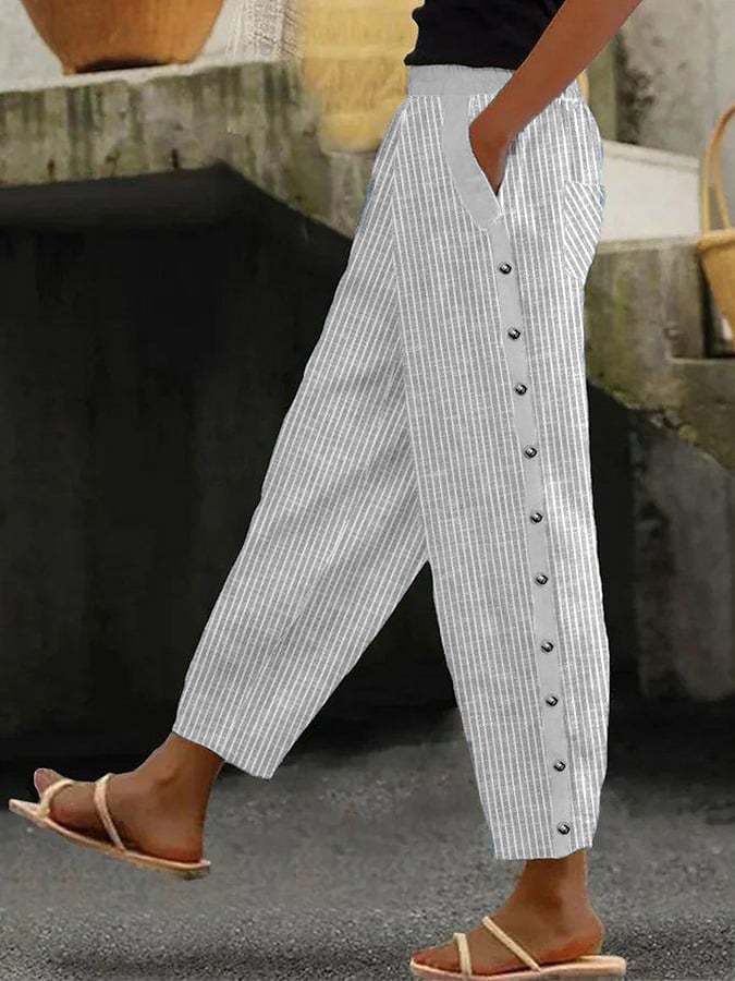 Printed Striped Button-binding Elastic Waist Cropped Pants NorixaFashion.com