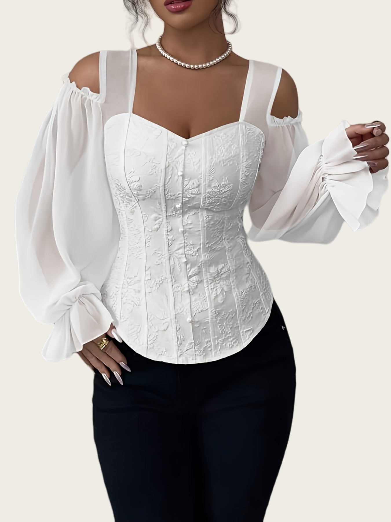Elegant Off-Shoulder Floral Jacquard Blouse For Women LadyShow.Store