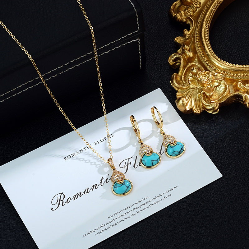 Retro Affordable Luxury Fashion Turquoise Gourd Earrings Premium Earrings And Necklace Set LadyShow.Store