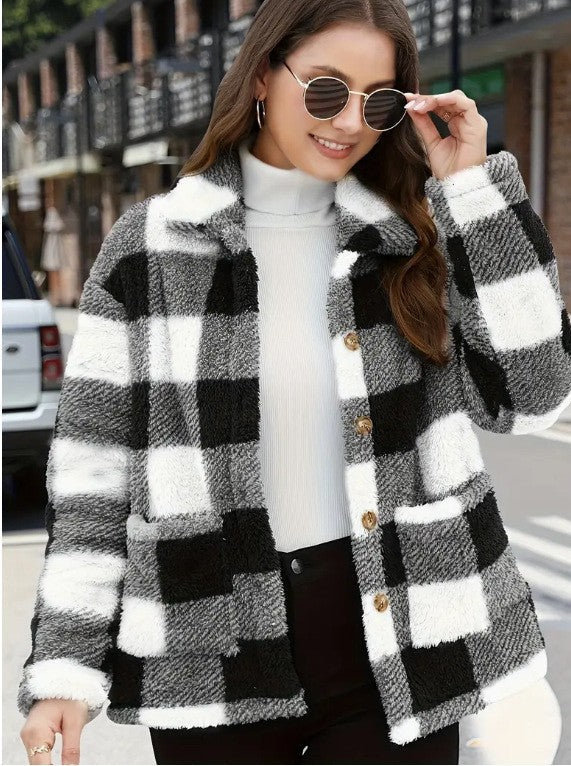 Color-blocked Plaid Jacket Fashion Lapel Pockets Single-breasted Coat Spring Fall Clothing For Women NorixaFashion.com