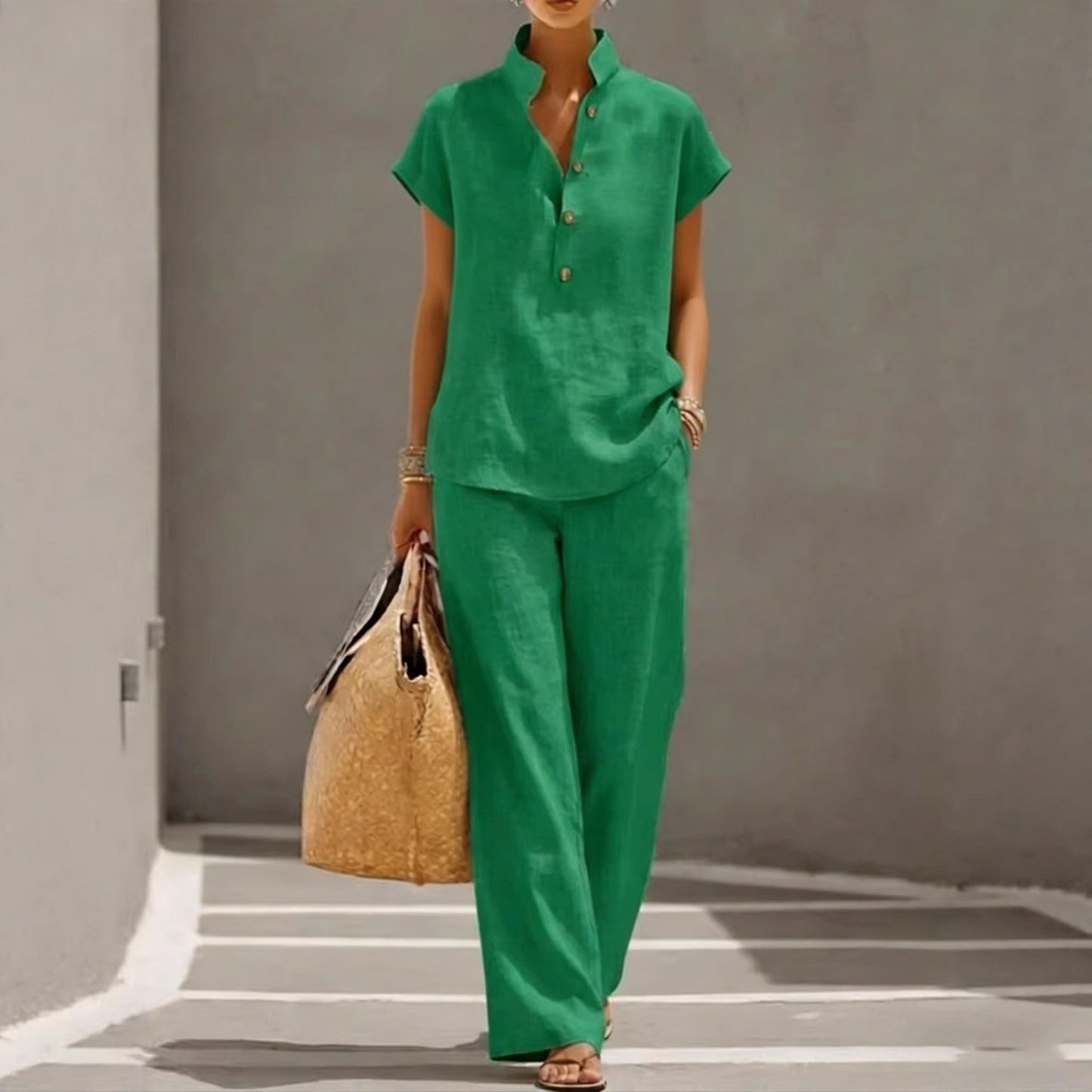 Casual Lazy-Style Cardigan Short-Sleeve Pants Solid-Color Set NorixaFashion.com
