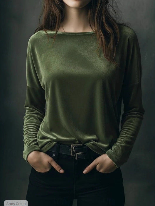 Female Solid Color Loose Fit Crew-neck Pullover Velvet T-shirt LadyShow.Store