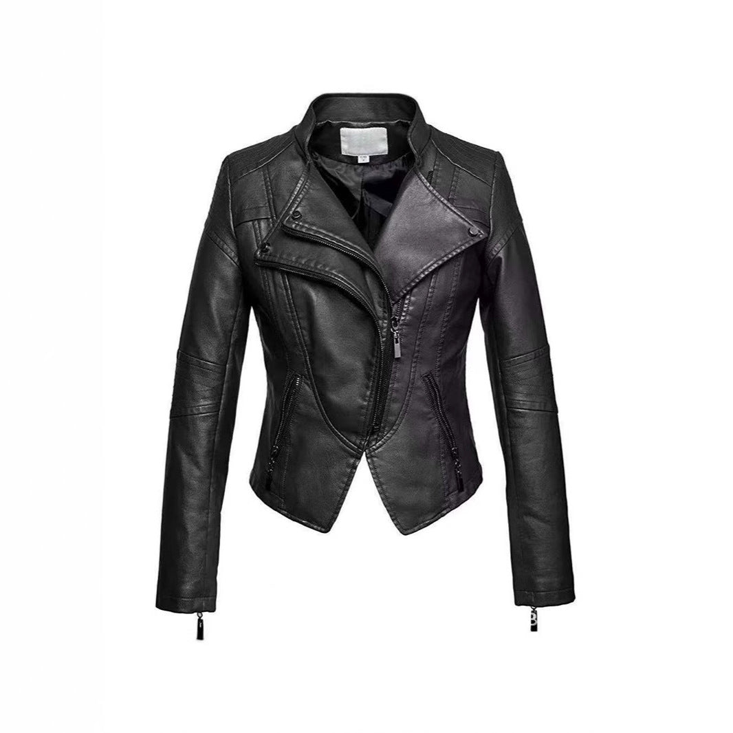New Women's Leather Top Coat European And American Fashion Motorcycle Slim Fit Short Leather Jacket Jacket Zipper One Generation LadyShow.Store