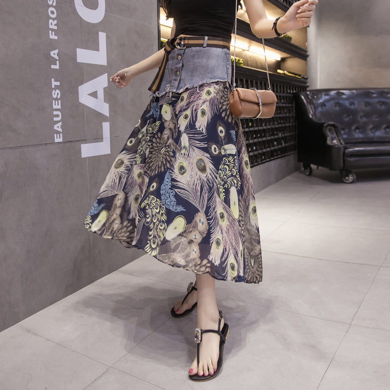 Mesh Stitching Denim Skirt Pi-Mart