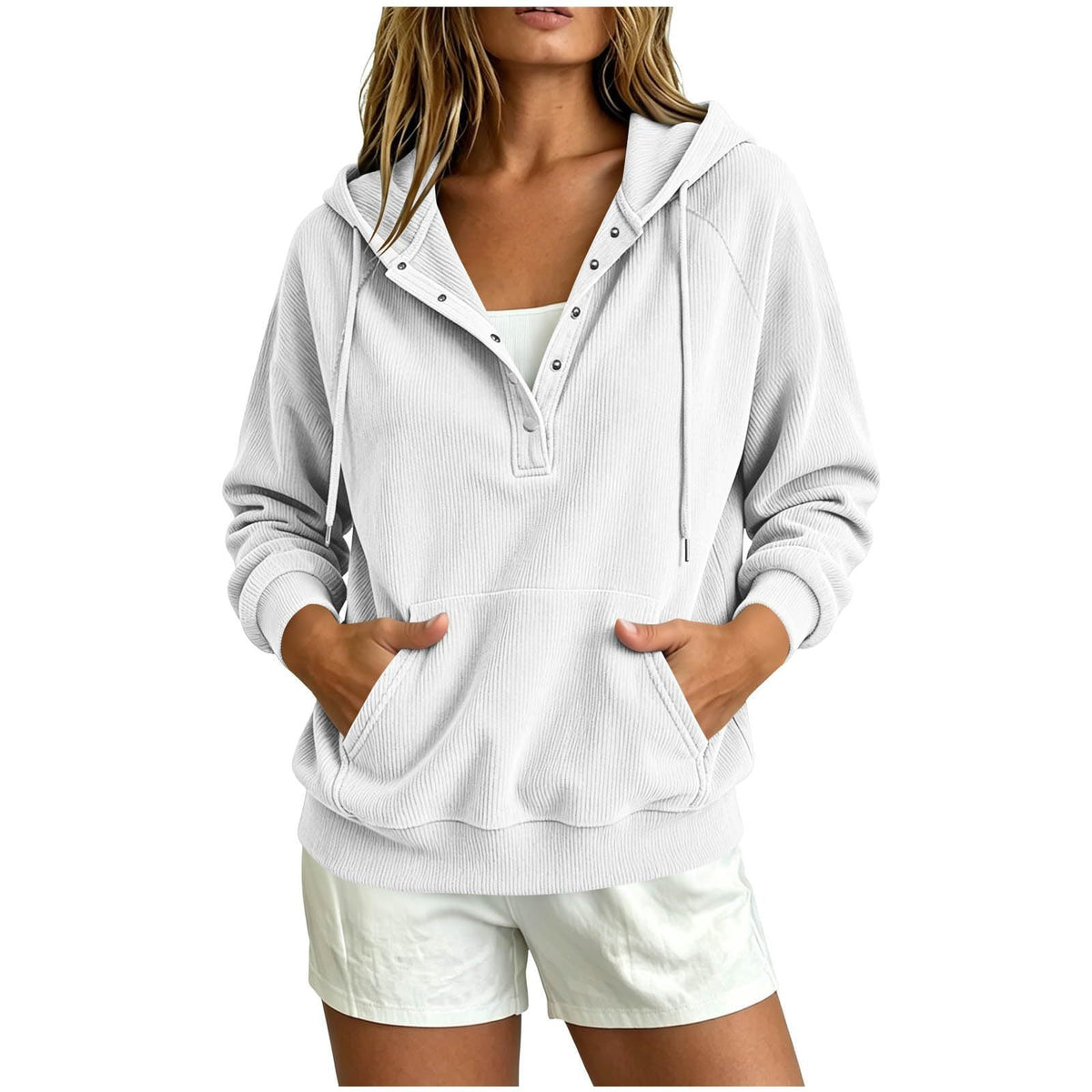 2026 Autumn New Style European Women's Dressy Corduroy Hooded Sweatshirt With Half-Closed Button And Drawstring Loose Top For Women NorixaFashion.com