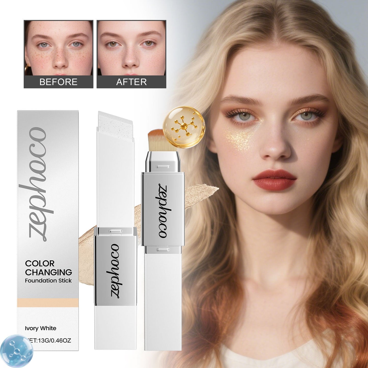 2-in-1 Color-Changing Foundation Stick Ivory White Tri Light Beauty