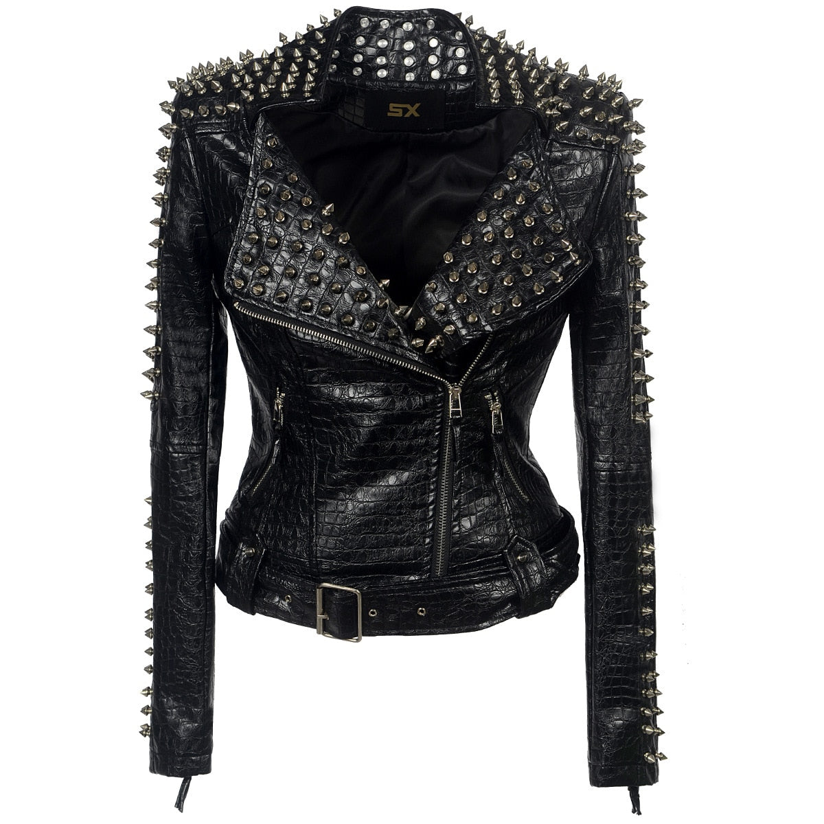 Women's Cropped Rock Punk PU Leather Jacket with Studs Pi-Mart