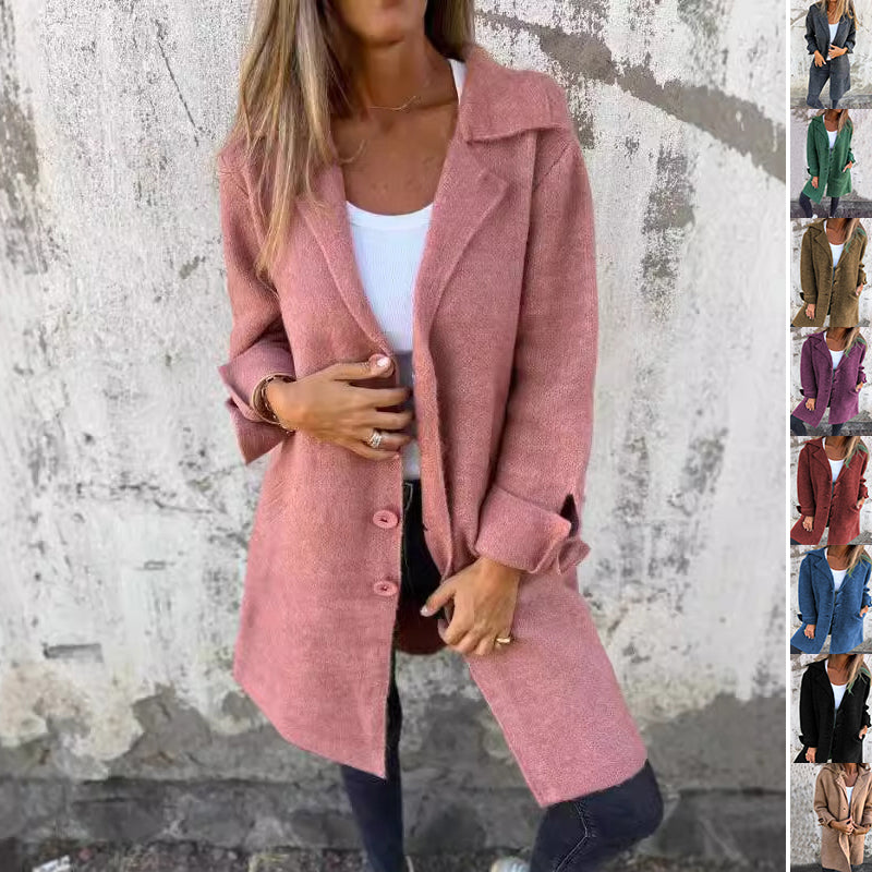 Lapel Single Breasted Cardigan With Pockets Fashion Color Solid Mid-Length Outwear Coat Womens Clothing LadyShow.Store