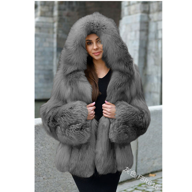 Women's Fur Coat Large Size Hooded Warm Fur Mid-Length Fox Fur Coat NorixaFashion.com