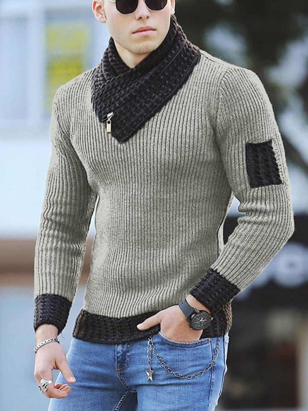 Independent Station Casual Slim Knit Pullover Long-sleeved Scarf Collar Sweater Men's LadyShow.Store