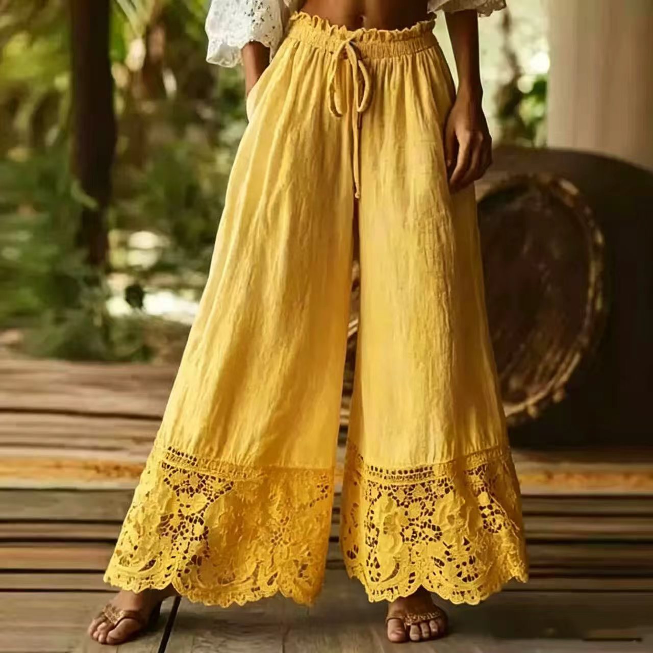 Fashionable Solid-Colored Lace-Trimmed Womens Pants NorixaFashion.com