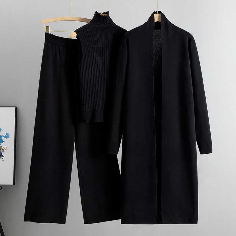 3pcs Suits Women Fashion Knitting Sleeveless Vest Sweater Long Cardigan And Wide-leg Pants Three-piece Set LadyShow.Store