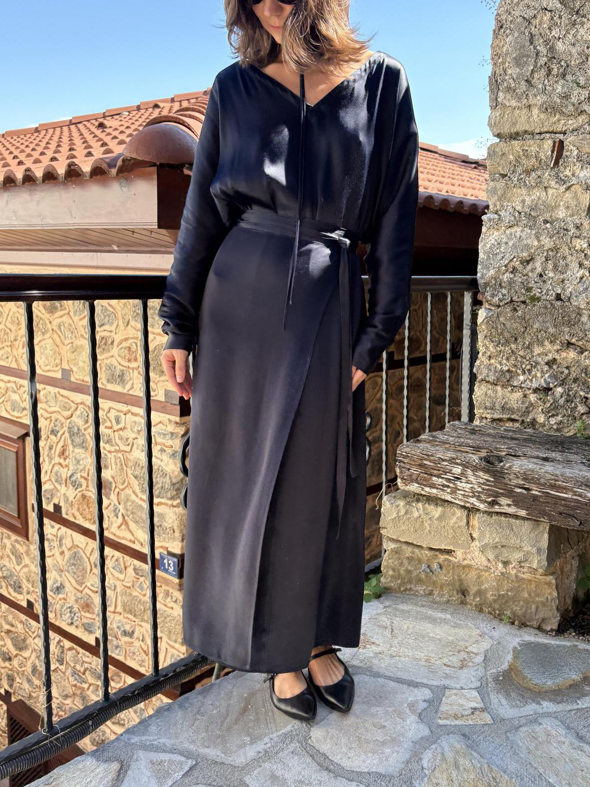 Navy Blue Satin Tie-Waist Slit Long Sleeve Maxi Dress NorixaFashion.com