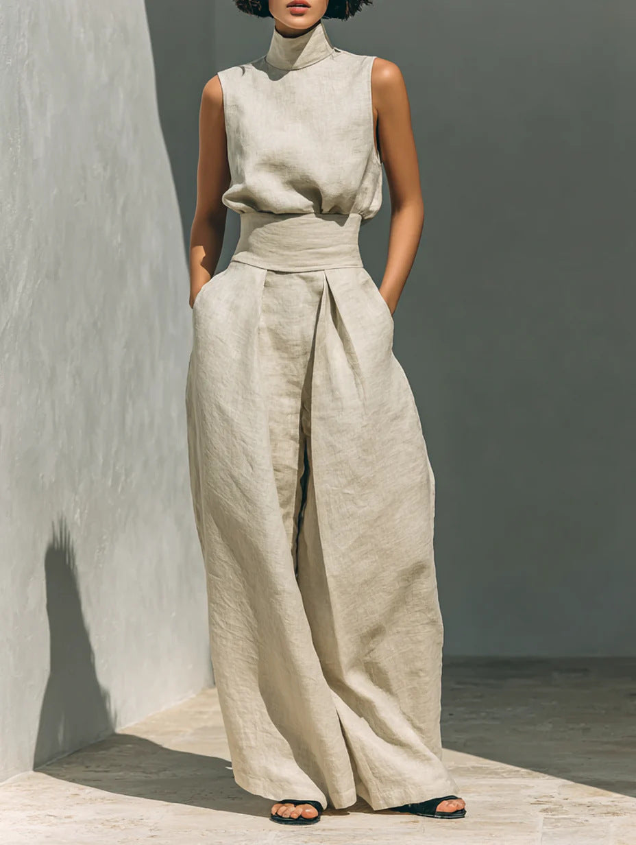 Casual Sleeveless Suit Summer Stand-up Collar Pullover Top And Loose Straight-leg Trousers Women's Clothing LadyShow.Store